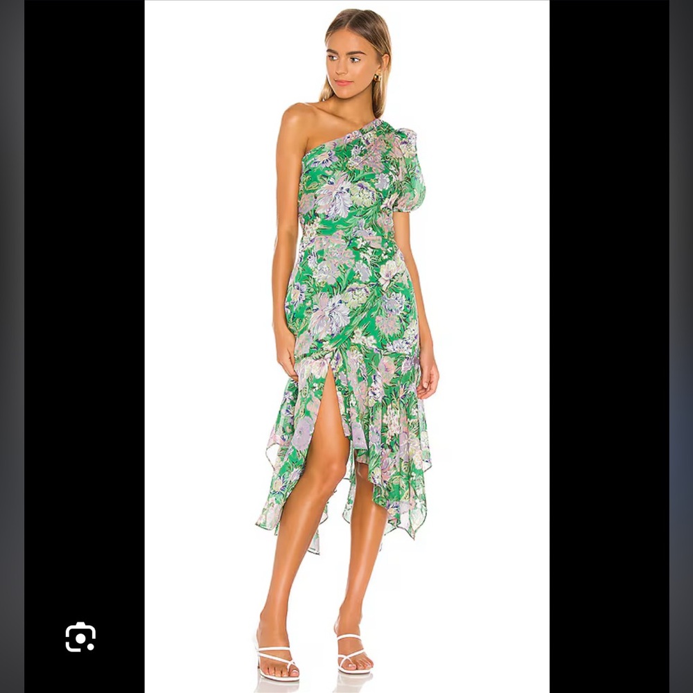 astr the label santorini green floral puff sleeeve one shoulder midi dress small
